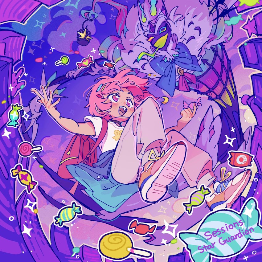 1girl, alternate_costume, bag, candy, clothes_around_waist, cloud, cloudy_sky, creature