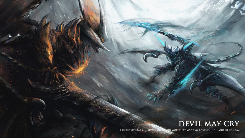 2boys, arm_up, battle, blue_eyes, copyright_name, dante_(devil_may_cry), demon, devil_may_cry_(series)