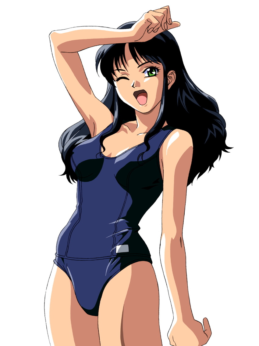 1girl, arm_up, black_hair, blue_one-piece_swimsuit, cowboy_shot, green_eyes, highres, kubo_naoko, long_hair, looking_at_viewer, non-web_source, official_art, one-piece_swimsuit, one_eye_closed, photoshop_(medium), school_swimsuit, simple_background, solo, swimsuit, white_background, yamada_masaki, zenkoku_seifuku_bishoujo_grand_prix