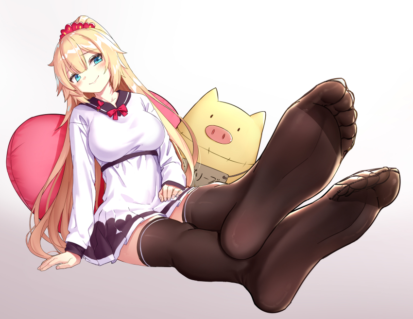 1girl, akai_haato, akai_haato_(loungewear), alternate_hairstyle, aqua_eyes, arm_support, blonde_hair, bow, bowtie, breasts, brown_thighhighs, collarbone, commentary_request, dress, drogoth, feet, foot_focus, foreshortening, full_body, gradient_background, grey_background, haaton_(akai_haato), head_tilt, heart, heart-shaped_pillow, high_ponytail, highres, hololive, impossible_clothes, impossible_dress, large_breasts, leaning_back, legs, long_hair, long_sleeves, looking_at_viewer, no_shoes, official_alternate_costume, pillow, pleated_dress, ponytail, red_bow, red_bowtie, shadow, shiny_clothes, sidelocks, sitting, smile, soles, solo, stuffed_animal, stuffed_toy, thighhighs, thighs, toes, translation_request, virtual_youtuber, white_dress, zettai_ryouiki