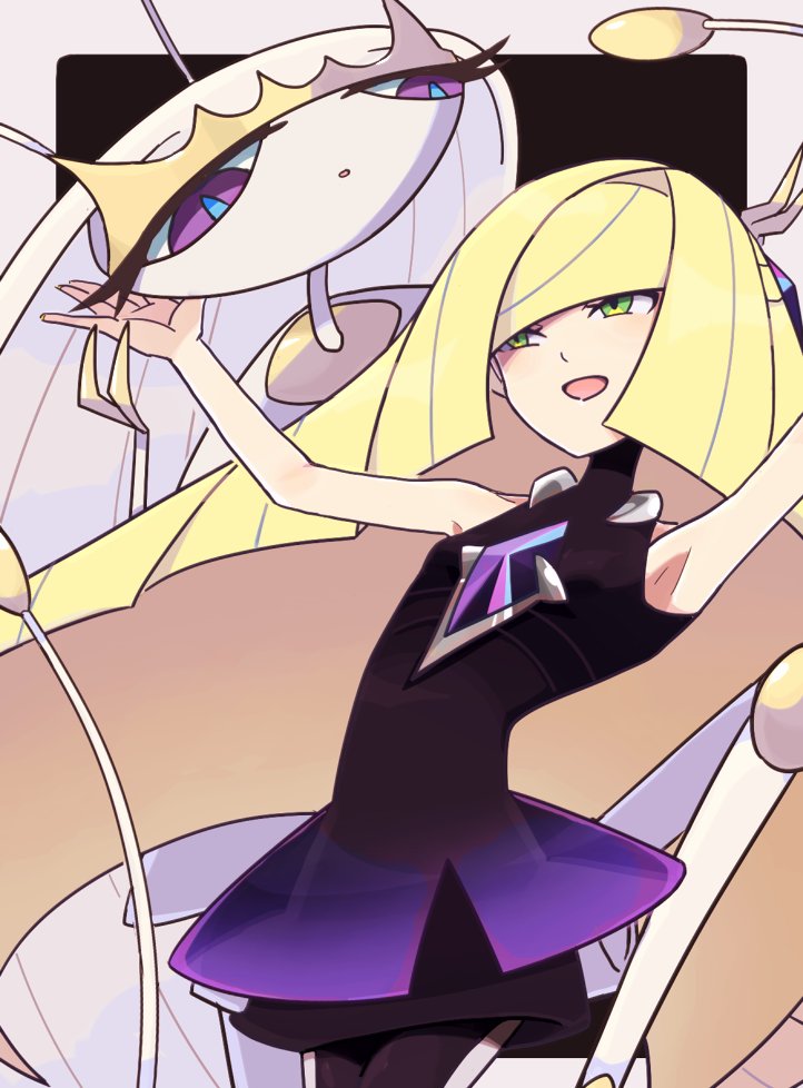 1girl, armpits, black_dress, blonde_hair, breasts, diamond_(shape), dress, gem, gen_7_pokemon, green_eyes, long_hair, lusamine_(pokemon), mur_mu_mu, nintendo, open_mouth, pheromosa, pokemon, pokemon_(creature), pokemon_masters_ex, purple_gem, sleeveless, sleeveless_dress, small_breasts, ultra_beast, very_long_hair