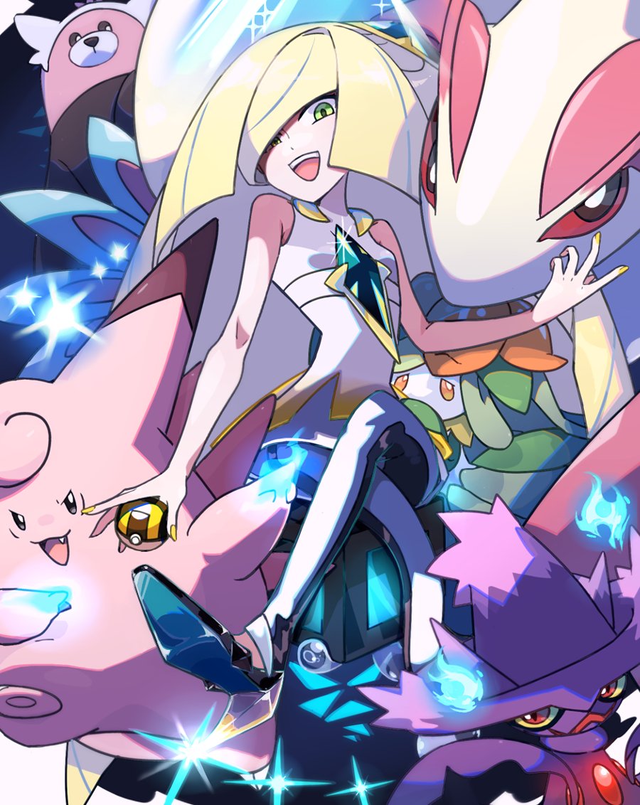 bare_shoulders, bewear, blonde_hair, clefable, dress, gen_1_pokemon, gen_3_pokemon, gen_4_pokemon