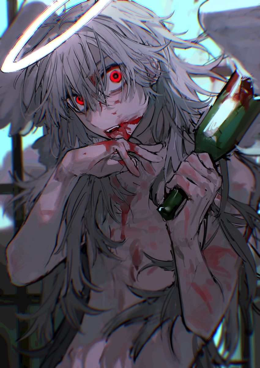 1boy, absurdres, angel, angel_wings, blood, blood_from_mouth, blood_in_hair, blood_on_arm