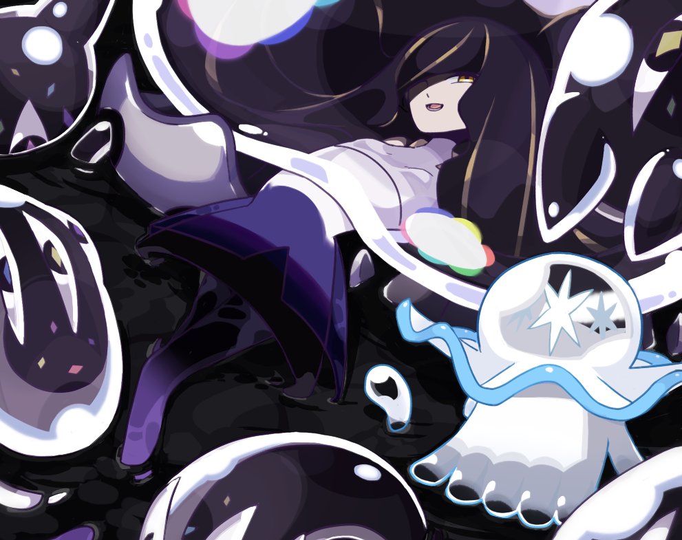 1girl, black_hair, breasts, dress, gen_7_pokemon, hair_over_one_eye, long_hair, looking_at_viewer