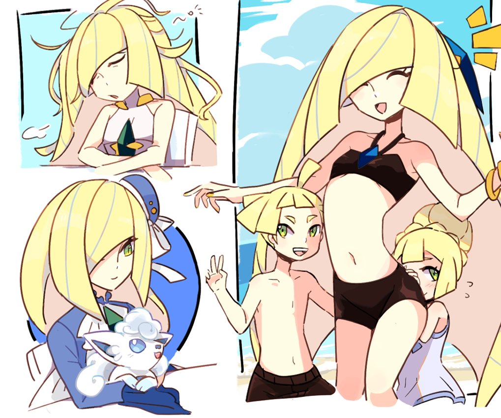 1boy, 2girls, aged_down, alolan_form, alolan_vulpix, bare_shoulders, blonde_hair, bracelet, breasts, commentary_request, gen_7_pokemon, gladion_(pokemon), green_eyes, holding, holding_pokemon, jewelry, lillie_(pokemon), long_hair, lusamine_(pokemon), messy_hair, mother_and_child, mother_and_daughter, mother_and_son, multiple_girls, multiple_views, mur_mu_mu, nail_polish, navel, nintendo, open_mouth, parent_and_child, pokemon, pokemon_(anime), pokemon_(creature), pokemon_sm049, pokemon_sm146, pokemon_the_series:_sun_&amp;_moon, small_breasts, smile, swimsuit, very_long_hair, yellow_nails