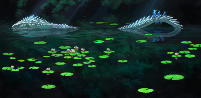akahana_(1214volcano), akahana_(pixiv), bird, dragon, flower, lily_pad, lotus, md5_mismatch