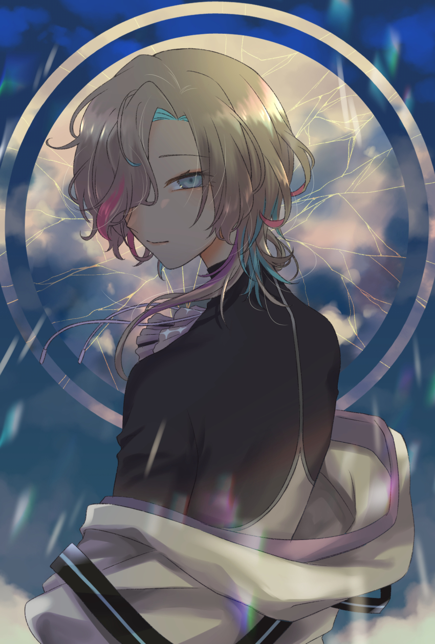 1boy, aqua_hair, ascot, black_shirt, blonde_hair, blue_eyes, closed_mouth, crack