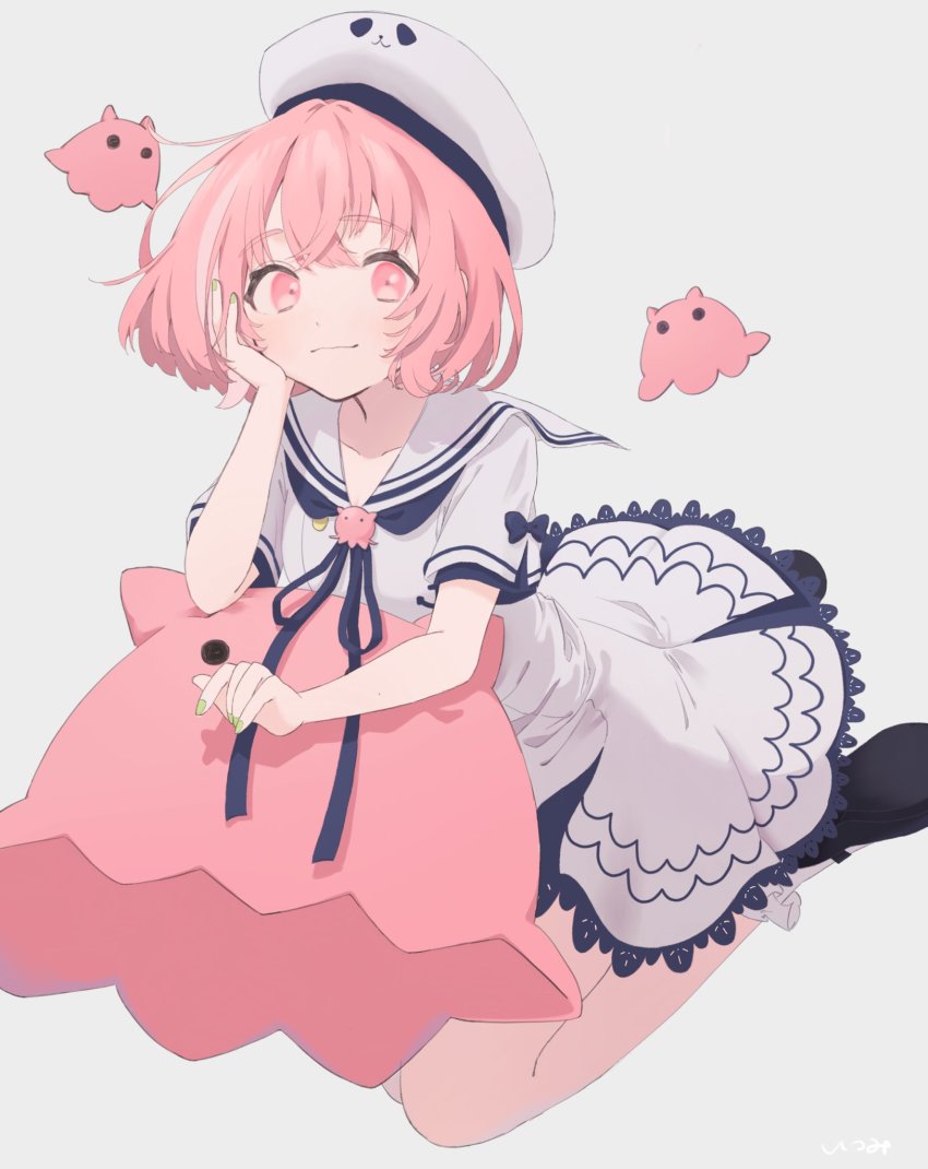 1girl, asymmetrical_bangs, black_footwear, blue_dress, blue_ribbon, collarbone, dress, frilled_dress, frills, ghost, green_nails, grey_background, hand_on_own_face, hat, highres, itsme_yade, looking_at_viewer, multicolored_hair, nail_polish, neck_ribbon, nijisanji, pink_eyes, pink_hair, ribbon, sailor_collar, sailor_hat, sasaki_saku, sasaki_saku_(3rd_costume), short_hair, signature, solo, streaked_hair, two-tone_dress, virtual_youtuber, wavy_mouth, white_dress