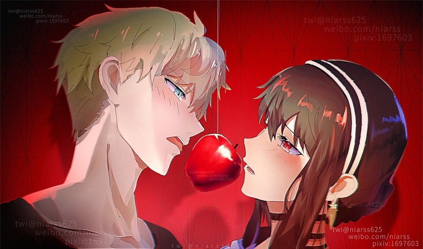 1boy, 1girl, apple, artist_name, black_hair, blonde_hair, food, fruit