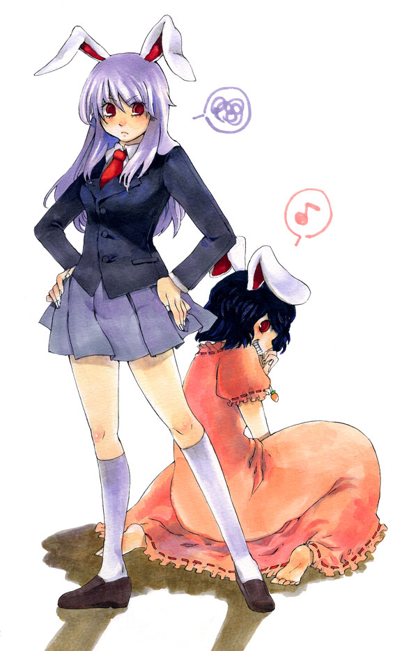 2girls, animal_ears, bad_id, bad_pixiv_id, barefoot, black_hair, blazer, rabbit_ears, dress, female_focus, grin, inaba_tewi, jacket, long_hair, multiple_girls, musical_note, necktie, purple_hair, red_eyes, reisen_udongein_inaba, short_hair, skirt, smile, touhou, tsubasa_(artist), white_background
