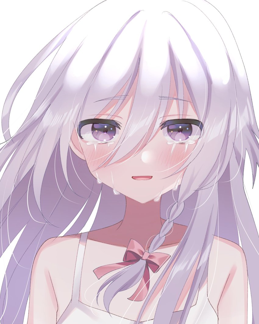 1girl, absurdres, blush, braid, dress, grey_hair, hair_between_eyes, hair_ribbon