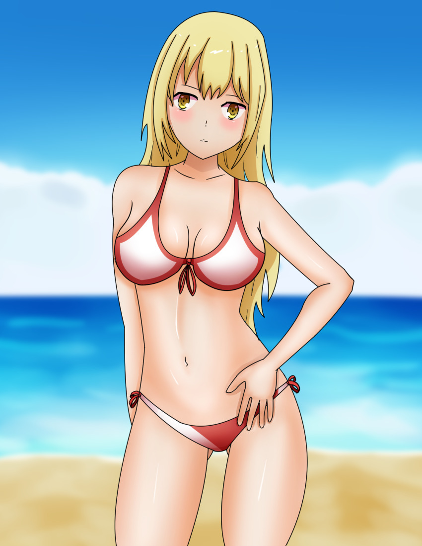 1girl, aiz_wallenstein, astelord, beach, bikini, blonde_hair, blush, breasts