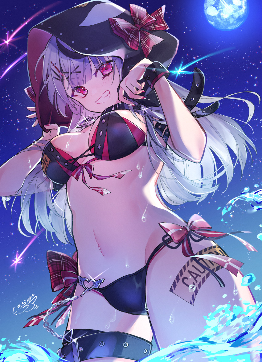 1girl, absurdres, animal_hood, bikini, black_hair, bracelet, breasts, collar, grey_hair, highres, hololive, hood, jewelry, large_breasts, long_hair, looking_at_viewer, moon, multicolored_hair, navel, ocean, orca_hood, plaid_ribbon, red_eyes, ribbon, sakamata_chloe, shiroraba, side-tie_bikini_bottom, sky, solo, star_(sky), starry_sky, streaked_hair, swimsuit, thigh_strap, virtual_youtuber