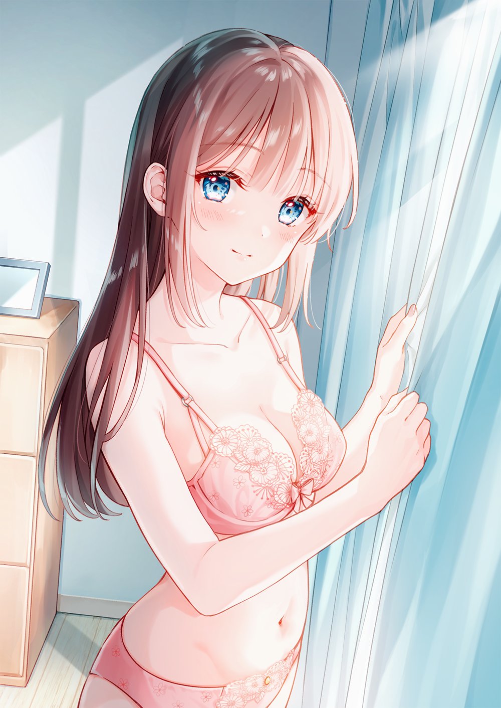 1girl, bare_shoulders, blue_eyes, blush, bra, breasts, brown_hair, cleavage