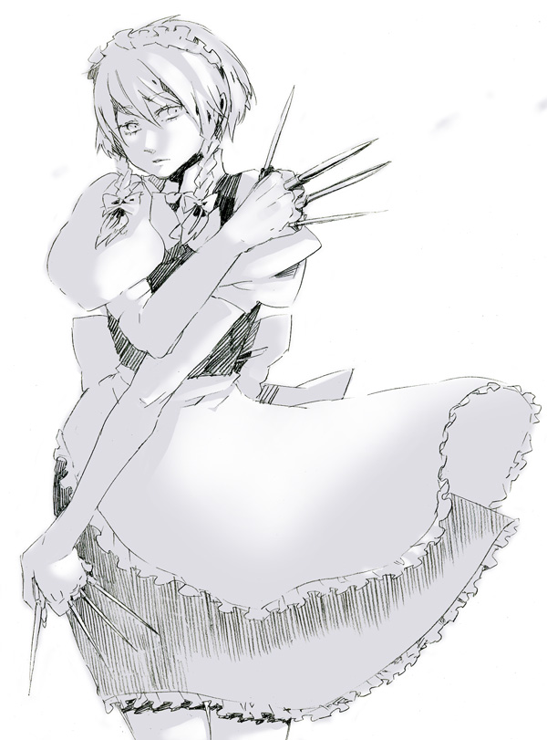 1girl, bad_id, bad_pixiv_id, braid, female_focus, greyscale, izayoi_sakuya, knife