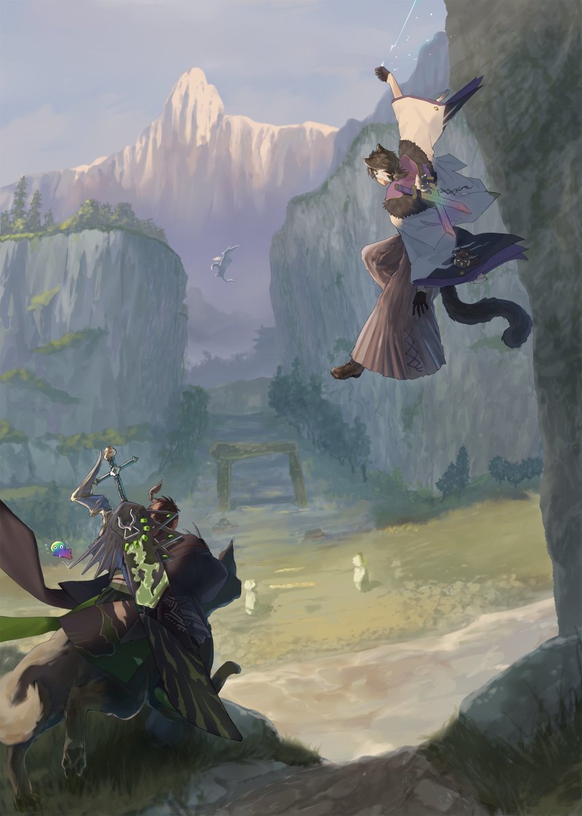 2boys, absurdres, animal_ears, aragami_oga, black_gloves, black_hair, black_jacket, boots