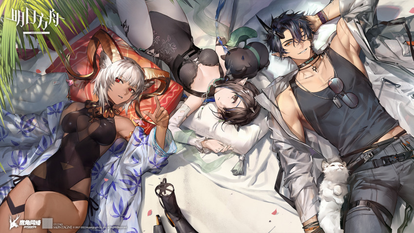 1boy, 2girls, animal_ears, antlers, arknights, backless_swimsuit, black_hair, blacknight_(arknights), blacknight_(summer_flower)_(arknights), brown_eyes, carnelian_(arknights), carnelian_(shimmering_dew)_(arknights), cat, dark-skinned_female, dark_skin, deer_antlers, eyewear_hang, flamebringer_(arknights), flamebringer_(casual_vacation)_(arknights), grey_hair, half-closed_eyes, hand_on_own_head, highres, horns, jewelry, looking_at_viewer, material_growth, midriff_peek, multiple_girls, necklace, official_art, oripathy_lesion_(arknights), pointy_ears, red_eyes, sunglasses, swimsuit, thigh_strap, thighs, unworn_eyewear