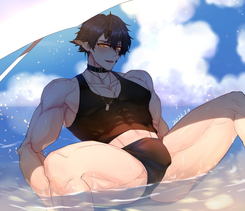 1boy, absurdres, arknights, bara, black_choker, black_hair, black_male_swimwear, black_swim_briefs, black_tank_top, choker, cloud, dated, day, flamebringer_(arknights), flamebringer_(casual_vacation)_(arknights), highres, horns, jewelry, large_pectorals, male_focus, male_swimwear, muscular, muscular_male, necklace, orange_eyes, outdoors, pectorals, pointy_ears, short_hair, single_horn, sky, smile, solo, swim_briefs, swimsuit, tank_top, yanxiu94