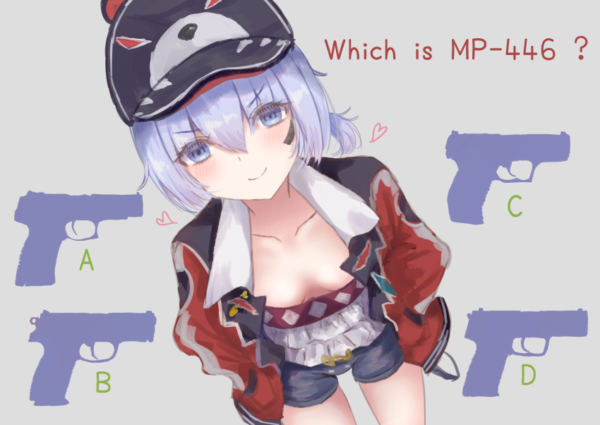1girl, ?, absurdres, animal_ears, animal_hat, animal_print, bear_ears, bear_print, blue_eyes, blue_hair, blue_shorts, blush, breasts, closed_mouth, collarbone, dutch_angle, fake_animal_ears, fnp-9, girls'_frontline, grey_background, gun, h&amp;k_usp, hair_between_eyes, handgun, hat, heart, highres, jacket, martinreaction, mp-446_(boisterous_rogue)_(girls'_frontline), mp-446_(boisterous_rouge)_(girls'_frontline), mp-446_(girls'_frontline), mp-443_grach, official_alternate_costume, open_clothes, open_jacket, short_hair, short_shorts, shorts, silhouette, simple_background, skindentation, small_breasts, solo, standing, thighs, v-shaped_eyebrows, walther, walther_p99, weapon