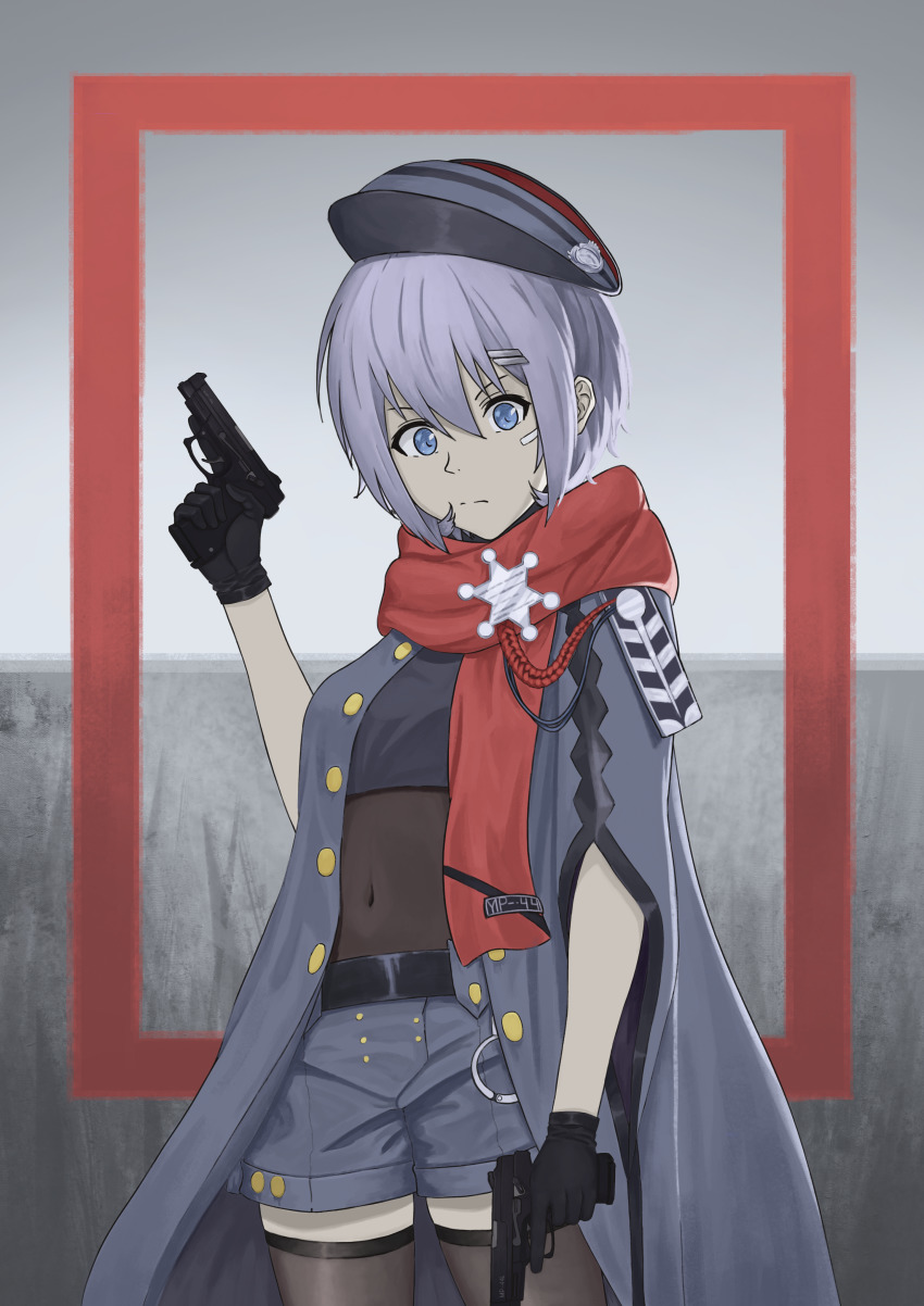 1girl, absurdres, black_gloves, black_thighhighs, blue_eyes, blue_hair, buttons, covered_navel, cowboy_shot, double-breasted, dual_wielding, girls'_frontline, gloves, gun, hair_ornament, hairclip, handgun, hat, highres, holding, holding_gun, holding_weapon, looking_at_viewer, military_hat, mod3_(girls'_frontline), mp-446_(girls'_frontline), mp-446_(mod3)_(girls'_frontline), mp-443_grach, red_scarf, scarf, short_hair, shorts, solo, spitzernt, standing, thighhighs, thighs, trigger_discipline, weapon