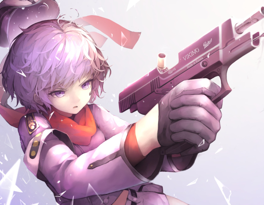 1girl, ahoge, aiming, belt, black_gloves, broken_glass, buttons, double-breasted, dutch_angle, firing, girls'_frontline, glass, gloves, grey_shorts, gun, handgun, harufude, hat, holding, holding_gun, holding_weapon, midriff, military, military_hat, military_uniform, mp-446_(girls'_frontline), mp-446_(mod3)_(girls'_frontline), mp-443_grach, open_mouth, purple_eyes, purple_hair, red_scarf, scarf, shell_casing, short_hair, shorts, solo, thighs, v-shaped_eyebrows, weapon
