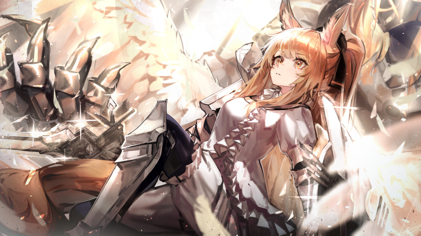1girl, absurdres, animal_ear_fluff, animal_ears, arknights, backlighting, black_bow, black_pantyhose, blemishine_(arknights), blemishine_(elite_ii)_(arknights), blonde_hair, bloomers, bow, breasts, claws, closed_mouth, dress, dutch_angle, frilled_dress, frills, gauntlets, hair_bow, highres, holding, holding_sword, holding_weapon, horse_ears, lens_flare, medium_breasts, on_one_knee, pantyhose, pegasus, ponytail, ribiadan, shield, shin_guards, solo, sparkle, sword, underwear, weapon, white_dress, yellow_eyes