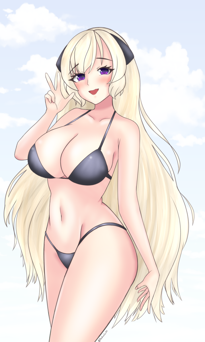 1girl, alternate_costume, arm_up, bare_shoulders, bikini, black_bikini, blonde_hair, blue_skirt