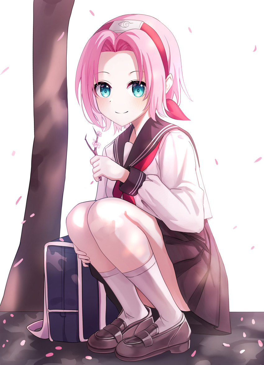 1girl, absurdres, alternate_costume, bag, black_sailor_collar, black_skirt, blue_eyes, brown_shoes, cherry_blossoms, closed_mouth, collared_shirt, full_body, hair_tubes, haruno_sakura, headband, highres, holding, ille_(xcpa7325), kneehighs, loafers, long_sleeves, miniskirt, naruto_(classic), naruto_(series), neckerchief, pink_hair, pleated_skirt, red_headband, red_neckerchief, sailor_collar, sailor_shirt, school_bag, school_uniform, serafuku, shirt, shoes, short_hair, sitting, skirt, smile, socks, solo, spring_(season), squatting, white_background, white_shirt, white_socks