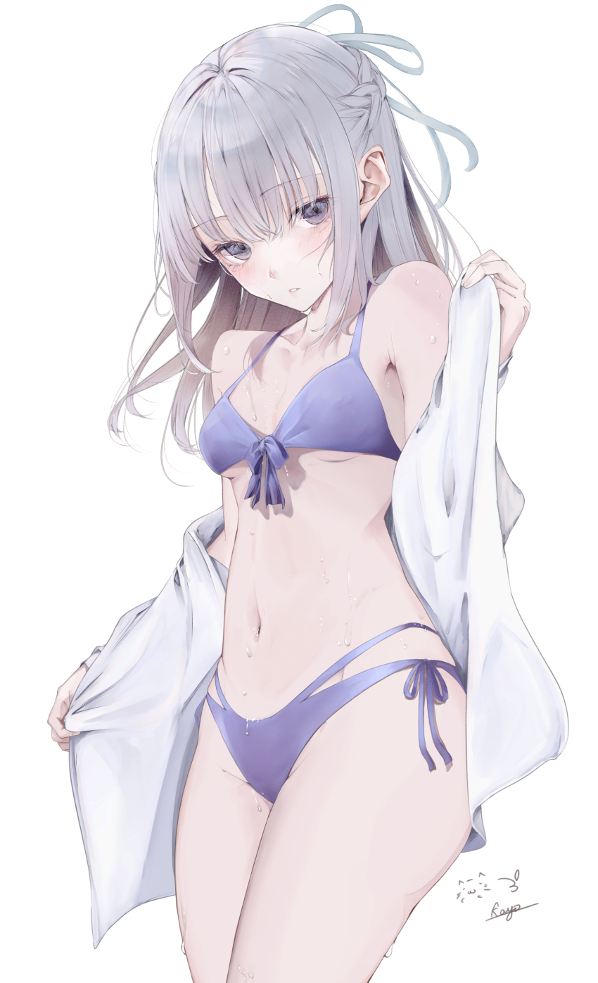 1girl, absurdres, aqua_ribbon, armpit_crease, bare_shoulders, bikini, blush, breasts
