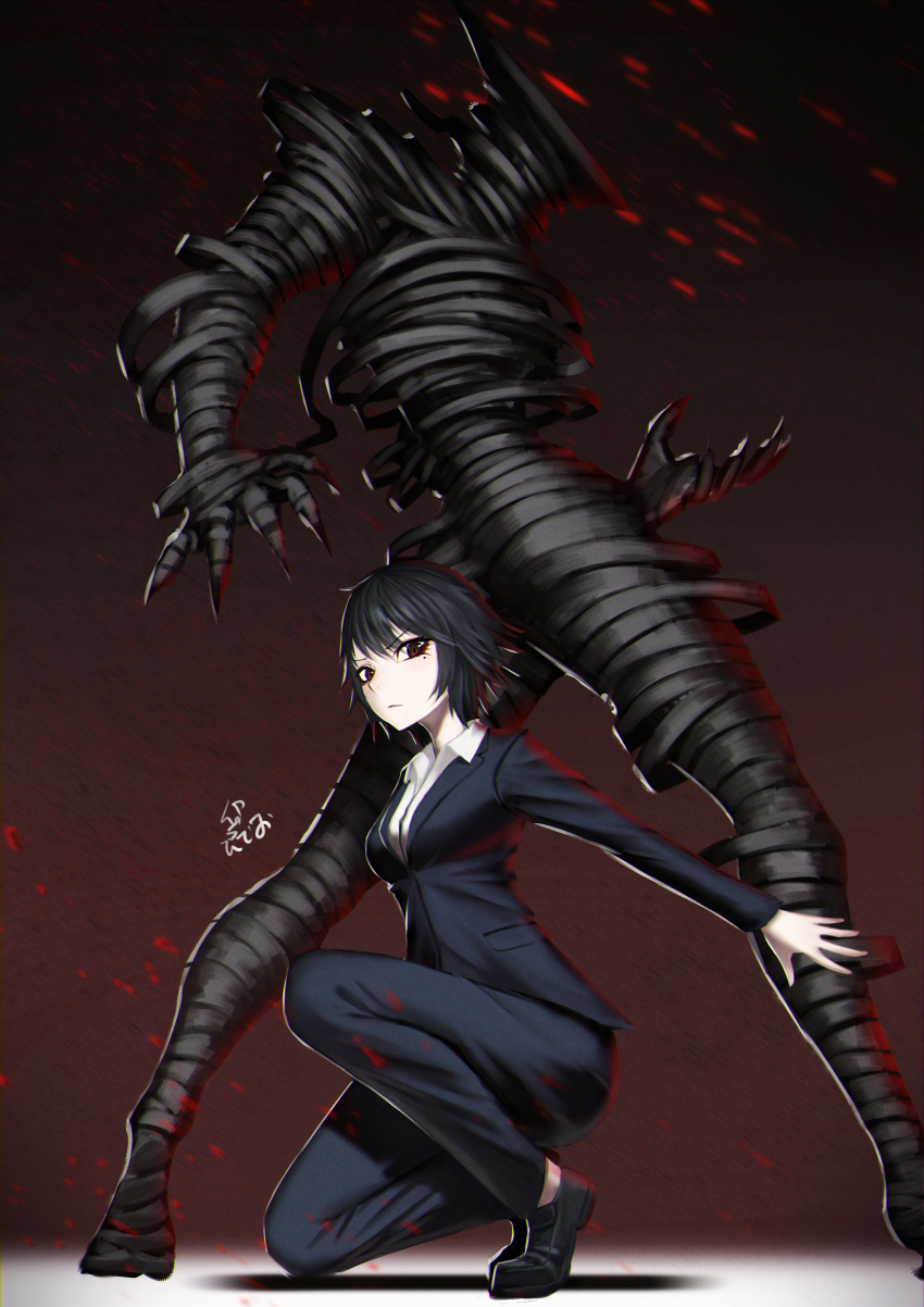 1girl, absurdres, ajin_(sakurai_gamon), black_hair, commentary_request, formal_clothes, highres, ibm_(ajin)