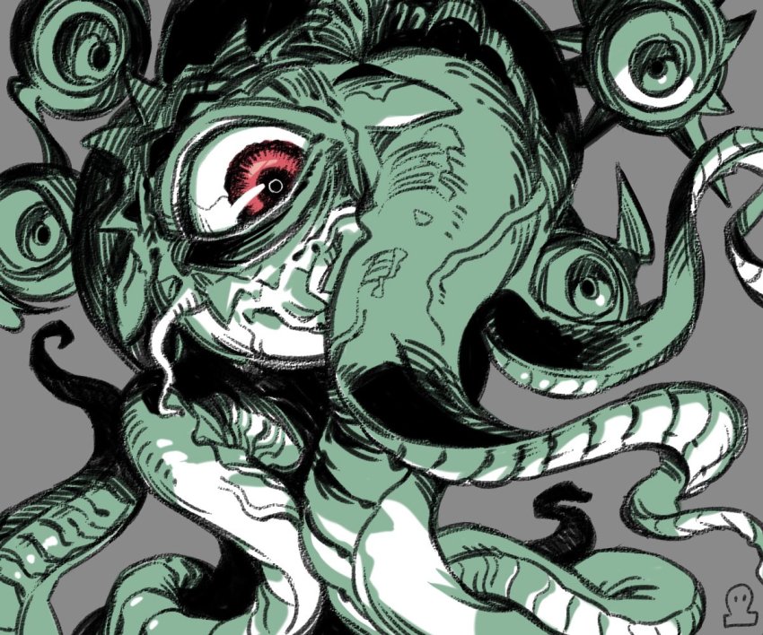 1boy, doctor_strange_(series), enim0chi, extra_eyes, grey_background, marvel, monster, no_humans