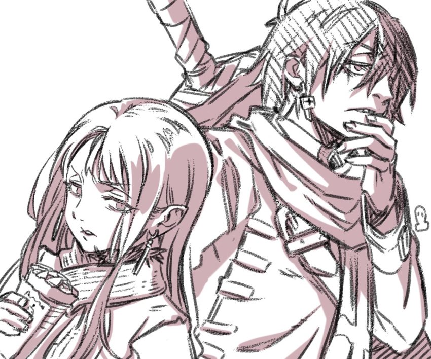 1boy, 1girl, antenna_hair, bandages, cross, cross_print, earrings, enim0chi