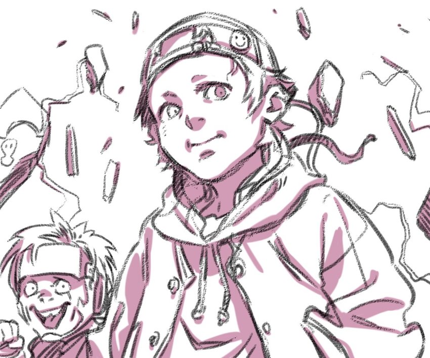 2boys, backwards_hat, closed_mouth, enim0chi, floating, floating_rock, hands_in_pockets, hat