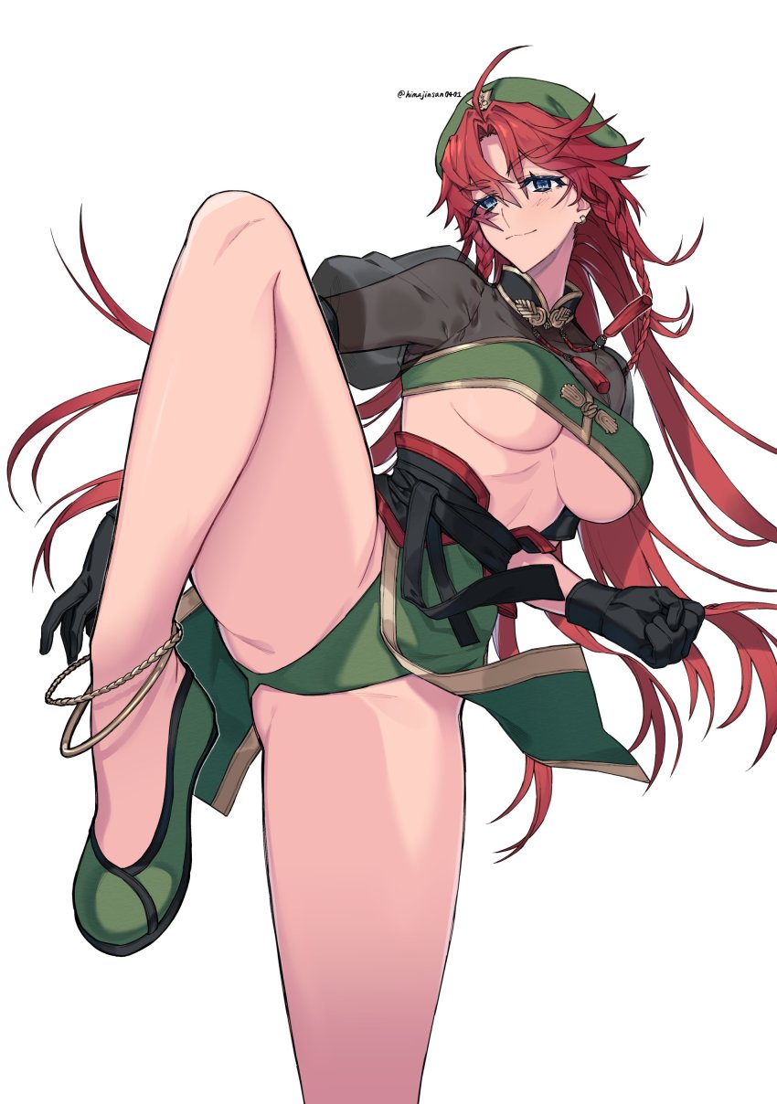 1girl, absurdres, ahoge, beret, bikini, bikini_under_clothes, black_gloves, blue_eyes, braid, breasts, fighting_stance, flats, gloves, green_bikini, hat, hat_ornament, highres, himadera, hong_meiling, large_breasts, long_hair, pelvic_curtain, red_hair, see-through_clothes, simple_background, solo, star_(symbol), star_hat_ornament, straight_hair, swimsuit, thighs, touhou, twin_braids, underboob, white_background
