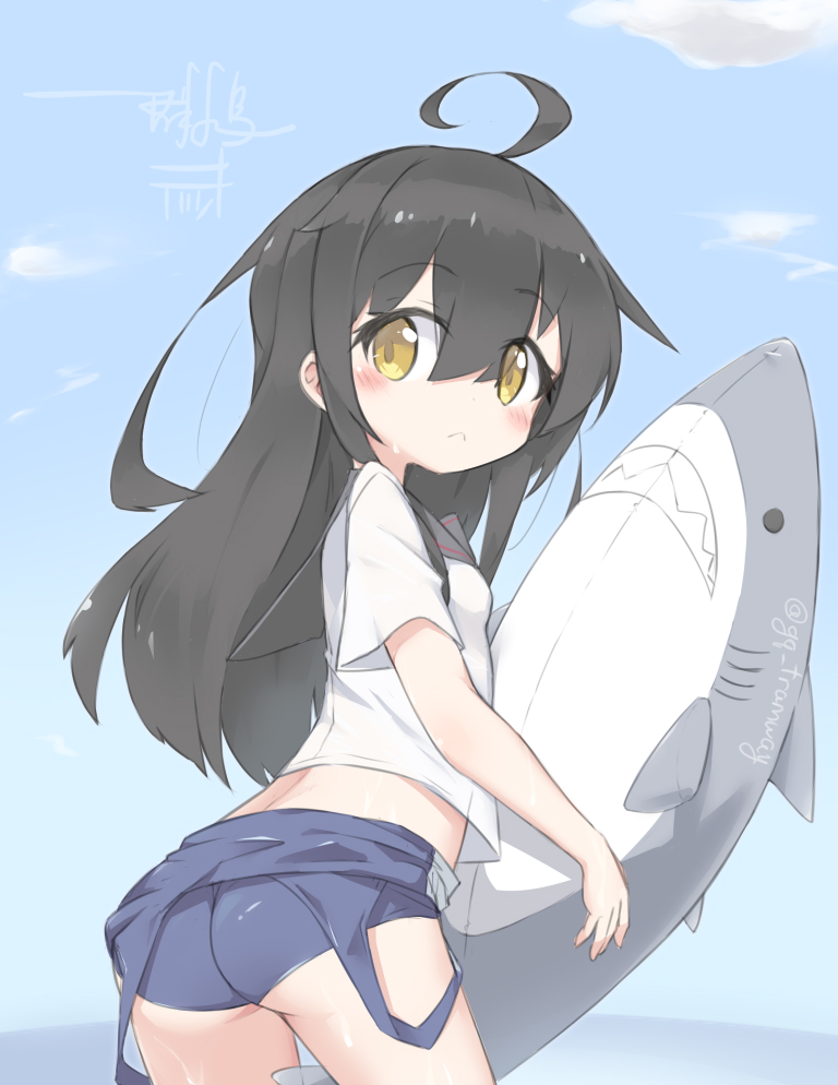 1girl, ahoge, ass, black_hair, blue_one-piece_swimsuit, blush, brown_eyes, clothes_pull