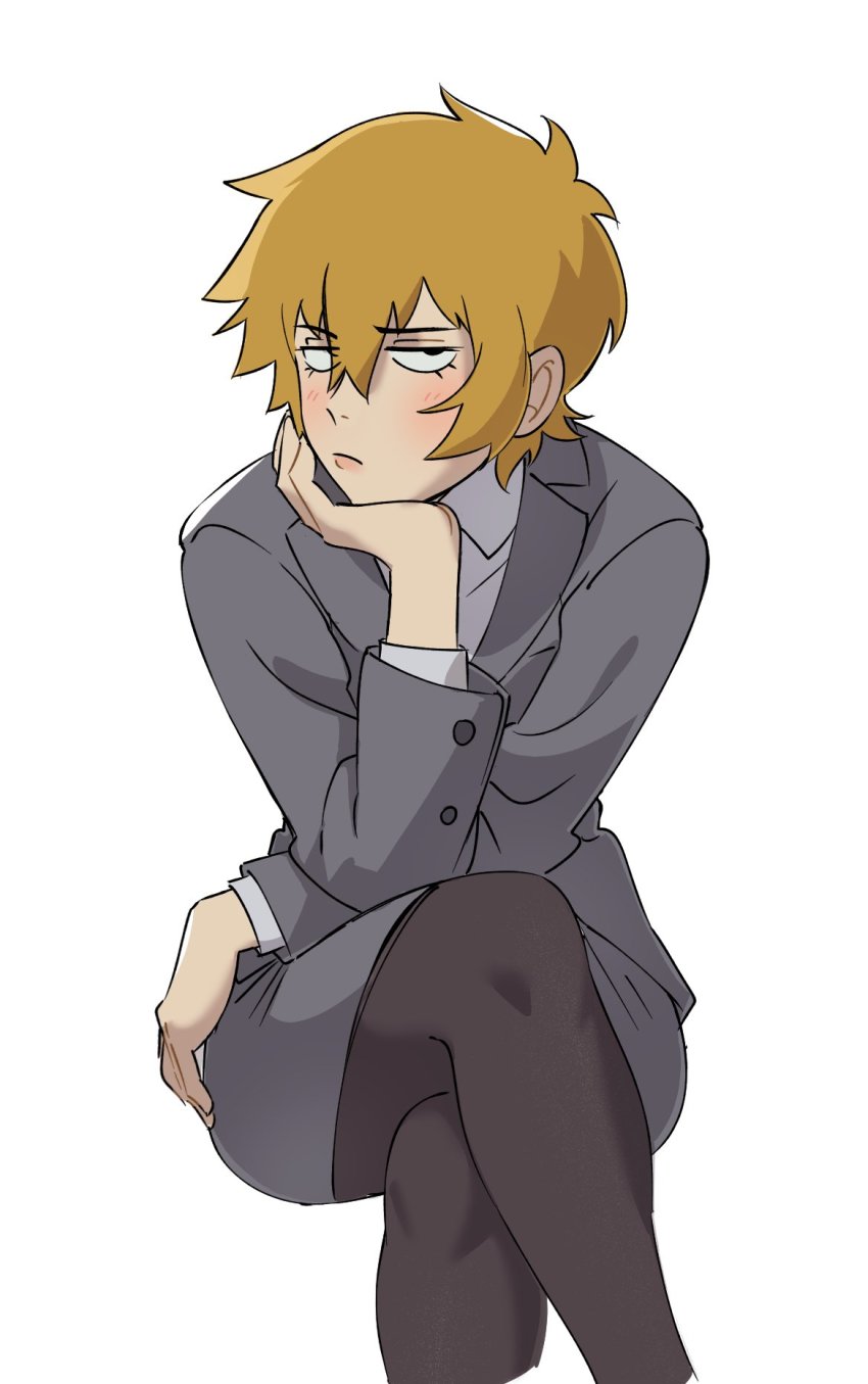 1girl, blush, ch0og0o, closed_mouth, crossed_legs, formal_clothes, genderswap, genderswap_(mtf), highres, invisible_chair, long_sleeves, looking_at_viewer, mob_psycho_100, orange_hair, pantyhose, reigen_arataka, shirt, simple_background, sitting, solo, suit, white_background