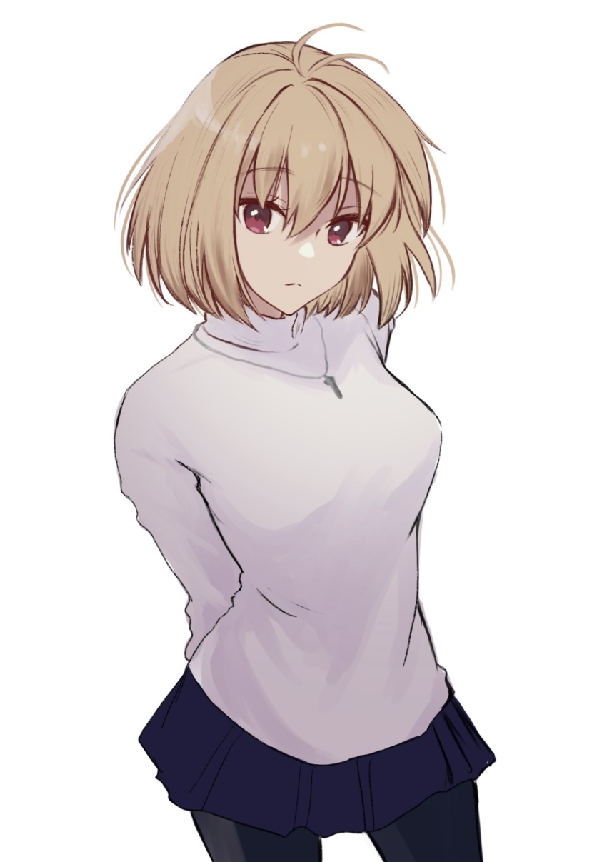 1girl, antenna_hair, arcueid_brunestud, arms_behind_back, black_pantyhose, blonde_hair, blue_skirt, breasts, closed_mouth, hair_between_eyes, highres, jewelry, long_sleeves, looking_at_viewer, medium_breasts, miniskirt, nanase_hr, necklace, pantyhose, red_eyes, short_hair, simple_background, single_hair_intake, skirt, solo, sweater, tsukihime, tsukihime_(remake), turtleneck, turtleneck_sweater, white_background, white_sweater