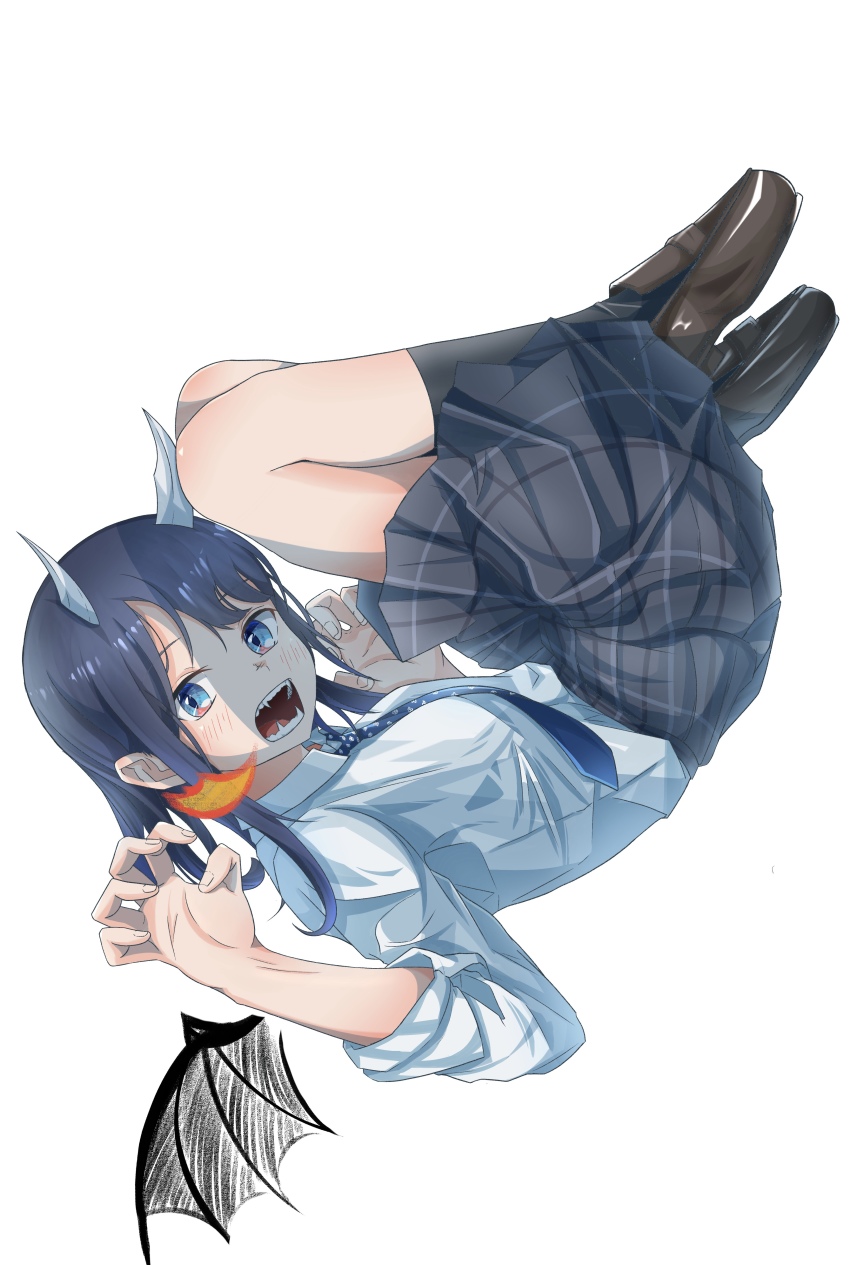 1girl, absurdres, aoki_ruri, black_socks, blue_eyes, blue_hair, blue_necktie, blush
