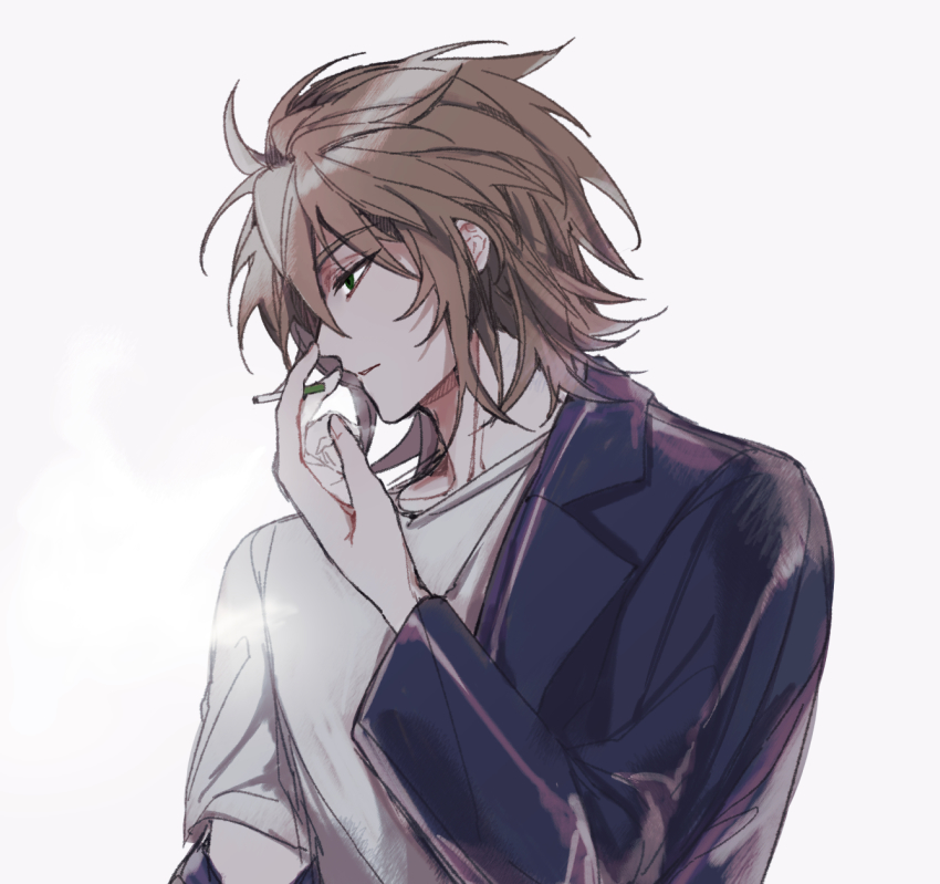 1boy, aji_(sagi_45), blue_jacket, brown_eyes, cigarette, closed_mouth, commentary_request, green_eyes