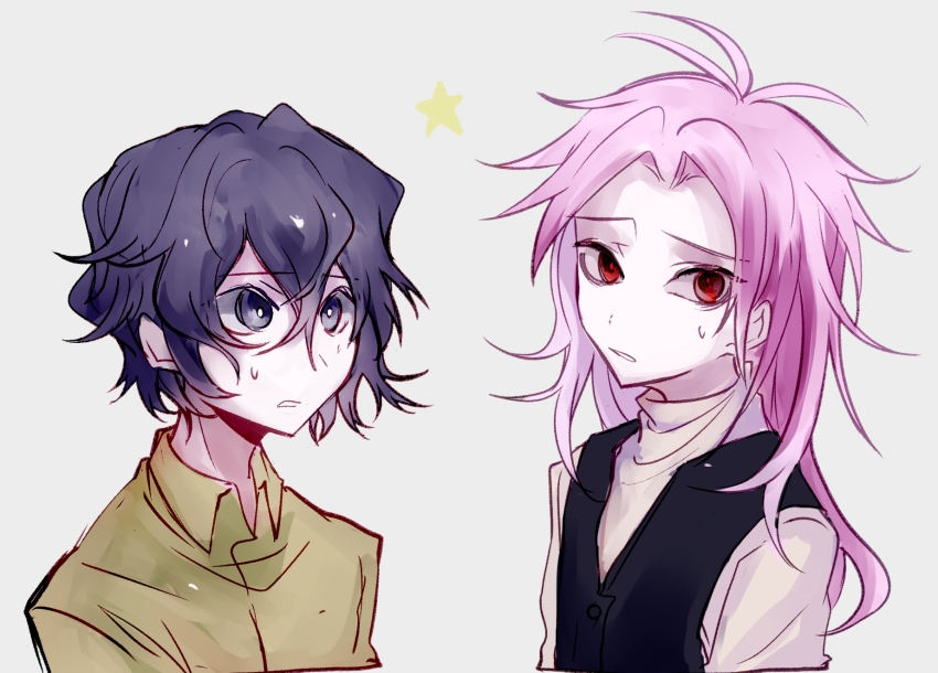 2boys, antenna_hair, black_vest, blue_eyes, blue_hair, bright_pupils, chinese_commentary, clenched_teeth