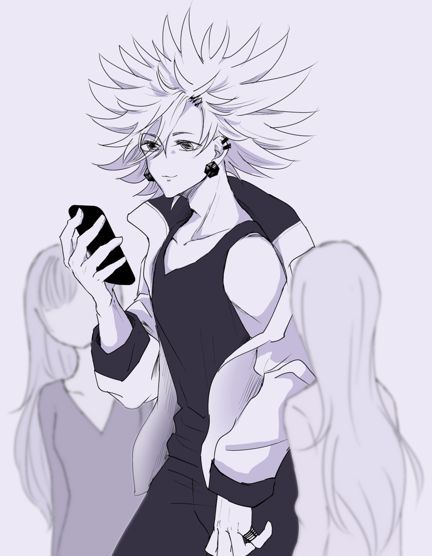 1boy, 2girls, adam's_apple, black_pants, cellphone, ear_piercing, earrings, faceless, faceless_female, greyscale, highres, holding, holding_phone, j0h_(j000h3), jacket, jewelry, monochrome, multiple_girls, open_clothes, open_jacket, otogami_fanta, pants, phone, piercing, pppppp, ring, shirt, simple_background, sleeveless, sleeveless_shirt, smartphone, spiked_hair, standing