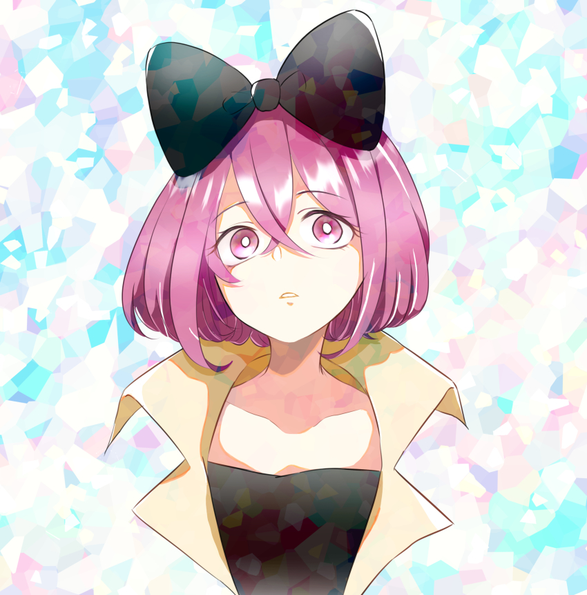 1girl, abstract_background, absurdres, black_bow, bow, cropped_arms, hair_between_eyes, hair_bow