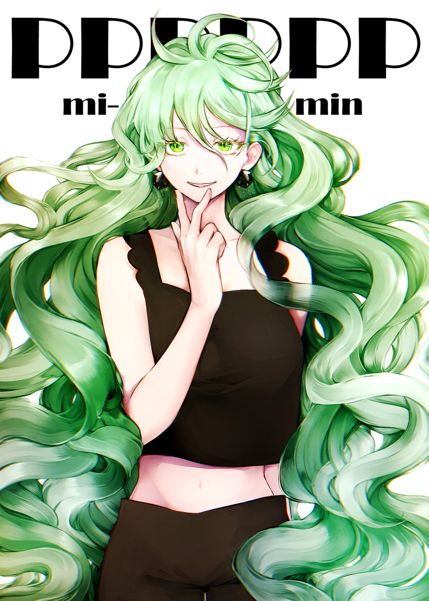 1girl, black_pants, character_name, copyright_name, earrings, green_eyes, green_hair, hair_between_eyes