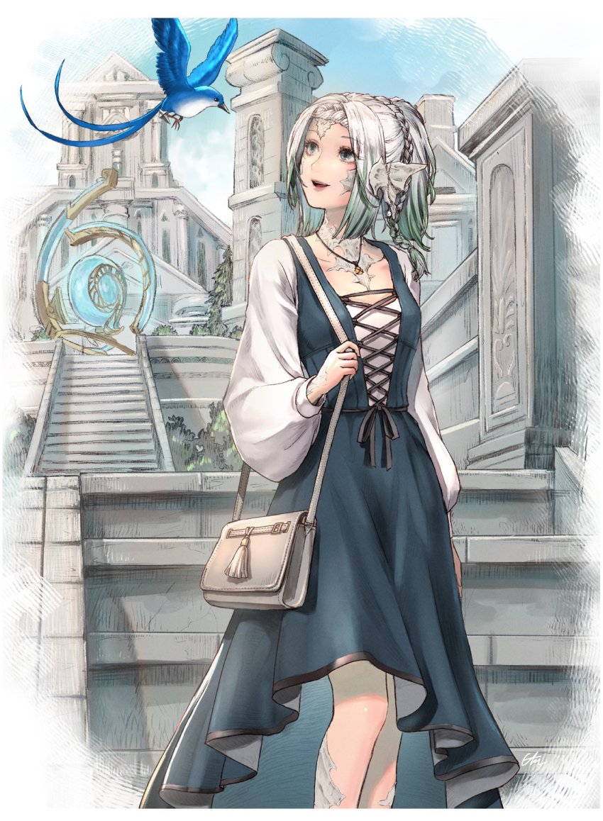 1girl, aetheryte, alternate_form, architecture, arm_at_side, au_ra, warrior_of_light_(ff14), bag, bird, blue_dress, blue_sky, border, braid, building, bush, cam_(cammero95713700), city, collarbone, column, commentary, cross-laced_clothes, crown_braid, day, dress, feet_out_of_frame, final_fantasy, final_fantasy_xiv, gradient_hair, green_eyes, green_hair, handbag, hatching_(texture), highres, holding_strap, horn_ornament, horns, in-universe_location, jewelry, long_sleeves, looking_up, medium_hair, meteion, multicolored_hair, open_mouth, outdoors, pendant, pillar, pinafore_dress, pine_tree, ponytail, puffy_long_sleeves, puffy_sleeves, scales, side_braid, sky, sleeveless_dress, smile, stairs, standing, stone_stairs, tassel, tree, two-tone_hair, white_border, white_hair