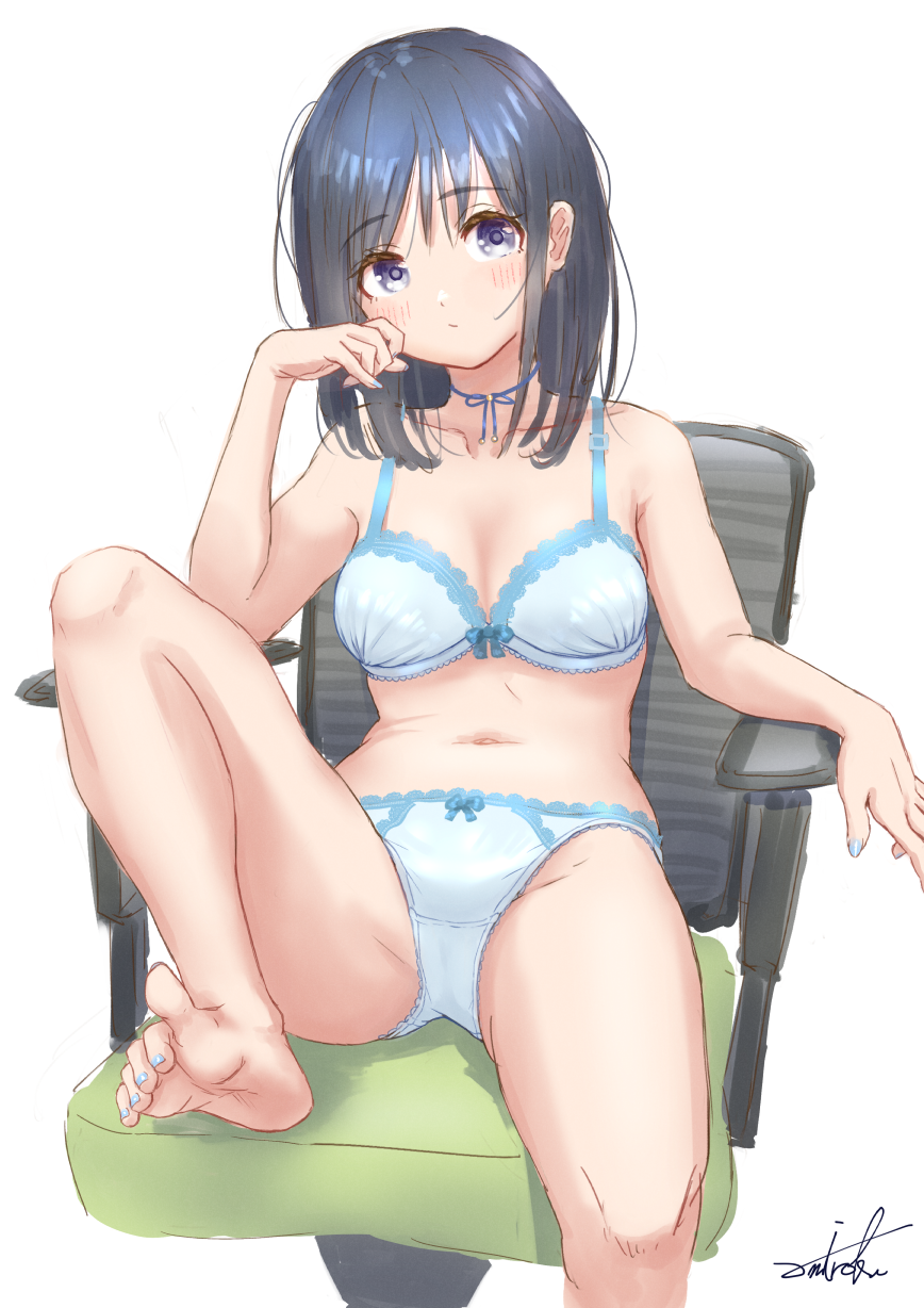 1girl, bare_arms, bare_legs, bare_shoulders, barefoot, black_hair, blue_eyes, blush