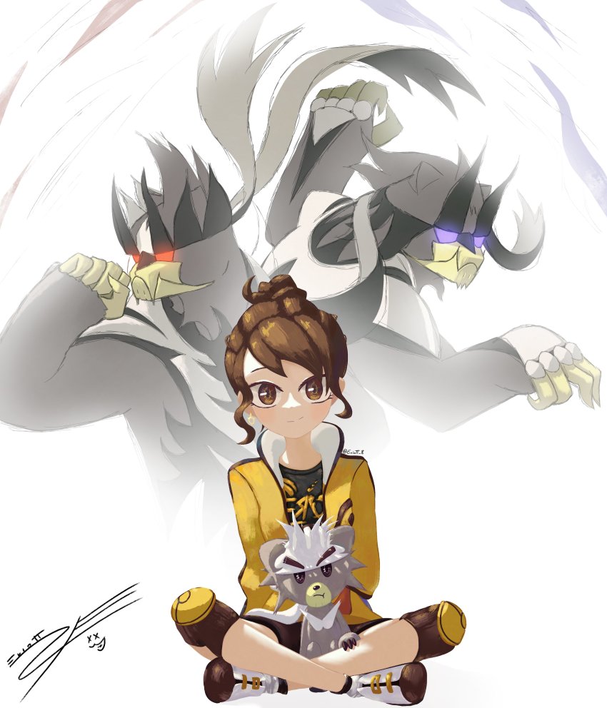 1girl, absurdres, belt, black_shorts, brown_eyes, brown_hair, eriott, evolutionary_line