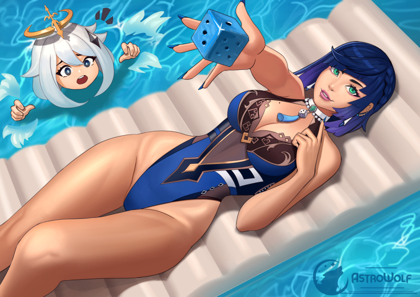 2girls, ^^^, afloat, artist_logo, artist_name, astrowolf, bare_arms, bare_legs