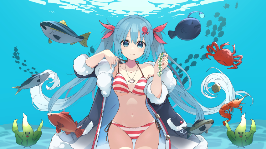 1girl, absurdres, anglerfish, bikini, black_coat, blue_eyes, blue_hair, breasts, breasts_apart, closed_mouth, coat, collarbone, cowboy_shot, crab, fish, hair_ornament, halterneck, hands_up, hatsune_miku, highres, jewelry, long_hair, looking_at_viewer, medium_breasts, navel, open_clothes, open_coat, pendant, sake-meron, seaweed, shrimp, side-tie_bikini_bottom, single_bare_shoulder, smile, solo, strap_lift, string_bikini, striped_bikini, striped_clothes, swimsuit, twintails, underwater, very_long_hair, vocaloid, yuki_miku, yuki_miku_(2022)