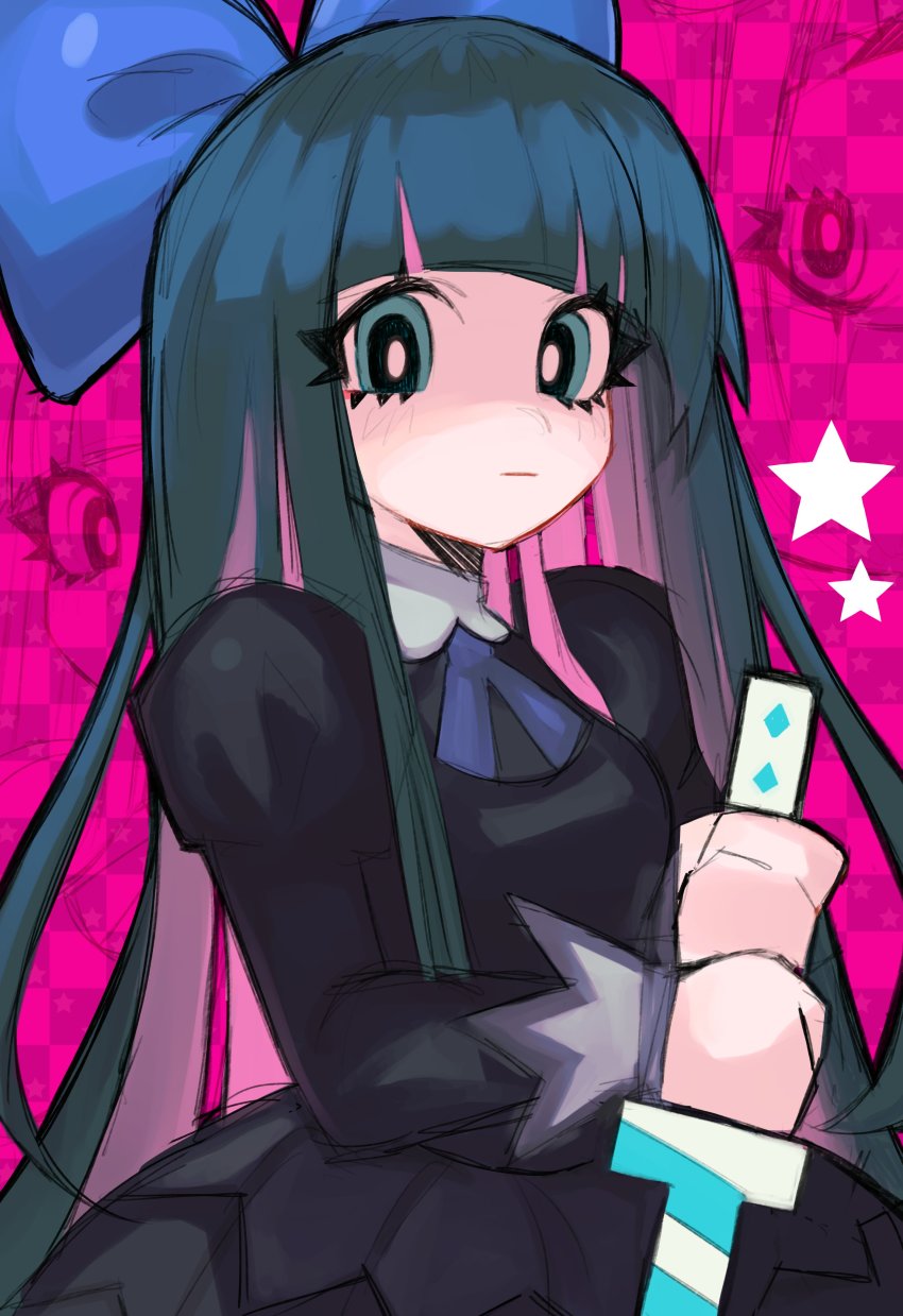 1girl, absurdres, black_dress, blue_bow, blue_ribbon, blunt_bangs, bow, closed_mouth