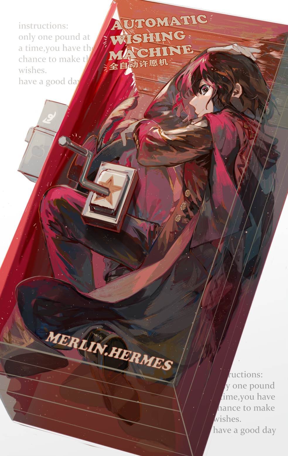 1boy, angel, box, brown_eyes, brown_footwear, brown_hair, brown_pants, cape